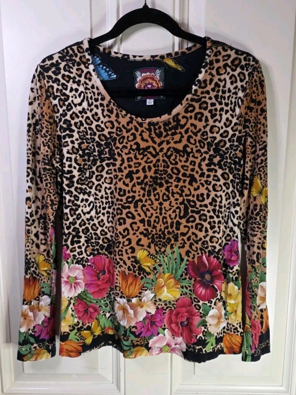 Johnny Was Leopard Floral Butterfly Long Sleeve Knit Top Women’s XS Boho
